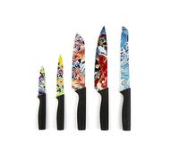 Excelsa Kimono Set 5 Coltelli da Cucina, Design Orientale, Manici Ergonomici Neri, Lame Decorate