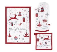 Excelsa Merry Christmas Set Tessile Cucina, Guanto Forno, Presina e Canovaccio, Cotone, Imbottitura Poliestere