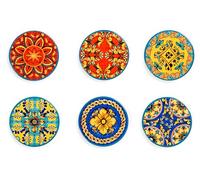 Excelsa Trinacria Set 6 Sottobicchieri, Ceramica, Base in Sughero, Diametro 10,5 Cm., Multidecoro