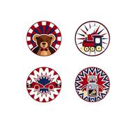 Excelsa Vintage Toys Set 4 Sottobicchieri, Ceramica, Base in Sughero, Diametro 10,5 Cm., Multidecoro