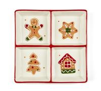 Excelsa Wonderful Ginger Piatto Vassoio Natalizio in Ceramica, 4 Scomparti, Decorazioni Pan di Zenzero, 20x20 cm