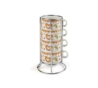 Excelsa Wonderful Ginger Set 4 Tazzine da Caffè in Porcellana, Motivo Natalizio con Pupazzo di Neve, con Supporto Metallico