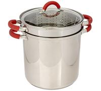 ExcelSteel 526 - Cuocipasta multifunzione con coperchio e impugnatura in silicone rosso, in acciaio inox