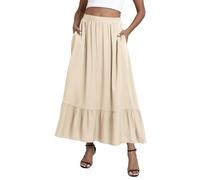 EXCHIC Donna Boho Fluttuante Vita Elastica A-Line Maxi Gonna Volant Spiaggia Lunga Gonne con Tasche (S, Beige)