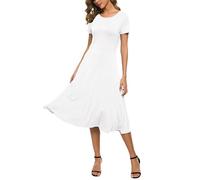 EXCHIC Donna Manica Corta Tinta Unita Girocollo Elastico A-Line Vestito Casuale Eleganti Girocollo Midi Abito(XL, Bianco)