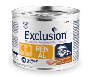 Exclusion monoprotein veterinary diet formula dog renal pork & sorghum and rice all breeds 200 g canned