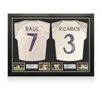 Exclusive Memorabilia Maglie del Real Madrid 1999-2000 autografate da Raul e Roberto Carlos. Incorniciate.