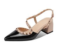 EXECAB Décolleté con Borchie per Donna Sandali con Tacco Sexy a Punta Chiusa Tacco Grosso Slingback Tacco Basso a Blocchi Pompa da Sposa con Cinturino,Nero,36