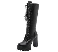 EXECAB Donna Stivali Alti con Plateau Tacco Spesso e Lacci Stivali da Cavallo Scarpe da Ballo, Nero, 35 EU