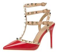 EXECAB Sandali con Tacco da Donna, Cinturino alla Caviglia con Rivetto da 10 Cm / 4 Pollici Tacchi Alti con Cinturino A T con Borchie A Spillo Décolleté da Sposa Slingback A Punta Chiusa,Rosso,38
