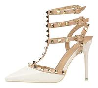 EXECAB Sandali con Tacco da Donna, Cinturino alla Caviglia con Rivetto da 10 Cm / 4 Pollici Tacchi Alti con Cinturino A T con Borchie A Spillo Décolleté da Sposa Slingback A Punta Chiusa,Bianca,38