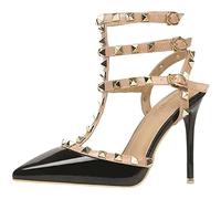 EXECAB Sandali con Tacco da Donna, Cinturino alla Caviglia con Rivetto da 10 Cm / 4 Pollici Tacchi Alti con Cinturino A T con Borchie A Spillo Décolleté da Sposa Slingback A Punta Chiusa,Nero,37