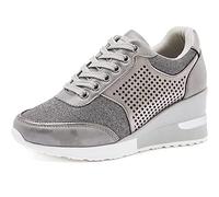 EXECAB Scarpe da Ginnastica con Zeppa da Donna 3,15 "Sneakers Stringate da Donna con Tacco Antiscivolo Scarpe con Plateau con Tacco Nascosto Scarpe da Sposa da Passeggio,Grigio,37