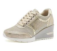 EXECAB Scarpe da Ginnastica con Zeppa da Donna 3,15 "Sneakers Stringate da Donna con Tacco Antiscivolo Scarpe con Plateau con Tacco Nascosto Scarpe da Sposa da Passeggio,d'oro,37