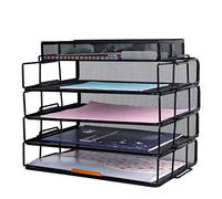 Exerz, organizer da scrivania in rete metallica, confezione da 5 pezzi, impilabile a 4 ripiani, con organizer per accessori, 4 scomparti, multifunzione, per ufficio, scuola, studio, colore: nero