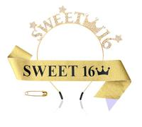 EXIPSAT Cerchietto per capelli di compleanno "Sweet 16", con corona decorata con strass, elegante copricapo per bambine di 16 anni