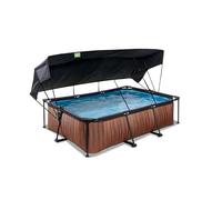 Exit Toys Wood Pool con Tenda Solare - 220x150x65cm - Piscina Rettangolare Compatta con Telaio e Pompa a Cartuccia Filtrante - Protezione UV Ottimale - Facile Accesso - Design Unico - Marrone