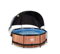 EXIT Toys Wood Pool con Tenda Solare - ø244x76cm - Piscina Rotonda Compatta con Telaio e Pompa a Cartuccia Filtrante - Protezione UV Ottimale - Facile Accesso - Telaio Robusto - Design Unico - Marrone