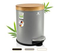 Exitoso Pattumiera da bagno da 5 l, colore grigio, con coperchio in legno di bambù e abbassamento automatico, con cuscinetto antiscivolo, pattumiera a pedale, in acciaio inox, per il bagno