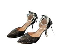 EXKURPOO Scarpe da matrimonio per donne Pointy Shallow Mouth Temperament Elegant Sequin Bow High Heels Women's Fine Heel Pearl Line(Black7cm,40)