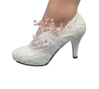 EXKURPOO Scarpe da matrimonio per donne Round-toe Lace Rhinestone Low-heel Wedding Shoes Thin High-heeled Dress Women's(Height 3cm,34)