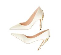 EXKURPOO Scarpe da matrimonio per donne Women's Metal Flowers High-heel Shoes Female Wedding Pointed Toe Satin Single(WHITE,35)