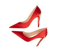 EXKURPOO Scarpe da matrimonio per donne Women's Metal Flowers High-heel Shoes Female Wedding Pointed Toe Satin Single(Red,37)