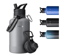 Exllena, Borraccia in acciaio inossidabile da 2 litri, a doppio isolamento, con due tappi e protezione in silicone, manico in paracord, pratica da trasportare, colore grigio
