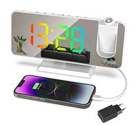 Exmate Sveglia con Proiettore, Schermo a LED a Specchio da 7.5", RGB dinamico, 5 Luminosità, Doppio Allarme con Porta USB, Sveglia Digitale con Proiettore ultra trasparente (Bianco con Adattatore)