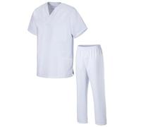 EXNER Set casacca medica - casacca & pantaloni per uomo e donna, abbigliamento per la cura in 26 colori, top + pantaloni colorati, casacca e pantaloni a slittamento, XS-5XL, bianco/bianco, S