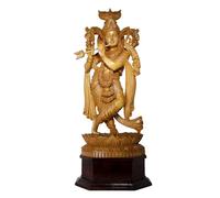 Exotic India Statua grande in legno intagliato di Krishna di Lord Krishna, in piedi su un flauto che suona il flauto Murali Manohar, idolo per il tempio domestico