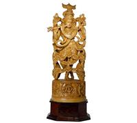 Exotic India Statua in legno grande da 94 cm con fluting Lord Krishna, dio Gopala, idolo con base episodio della storia della vita, scultura indù per Mandir