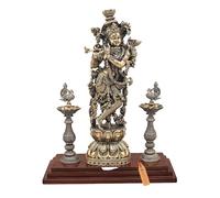 Exotic India Statua superfine di Lord Krishna che suona flauto in ottone su base in legno con pavone Deepam lampada a olio idolo per la decorazione della casa del tempio