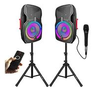 EXOTON EXOTON - Altoparlanti professionali a doppia alimentazione PA da 15", altoparlanti attivi e passivi da 1200 Watt, set combinato con microfono/treppiedi/telecomando/Bluetooth/USB/luce LED, per