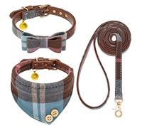 EXPAWLORER Set di collare e guinzaglio per cani, classico papillon a quadri e collare a bandana con campanellino carino, guinzaglio per cani che non si aggrovigliano, collare regolabile per cuccioli