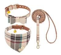 EXPAWLORER Set di collare e guinzaglio per cani, classico papillon a quadri e collare a bandana per cani con grazioso campanello, guinzaglio per cani che non si aggrovigliano, collare regolabile per