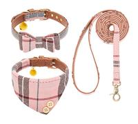 EXPAWLORER Set di collare e guinzaglio per cani, classico papillon a quadri e collare a bandana per cani con grazioso campanello, guinzaglio per cani che non si aggrovigliano, collare regolabile per