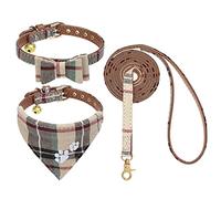 Expawlorer - Set di collare e guinzaglio per cuccioli, set di collare e guinzaglio per cani, papillon e bandana con campana, per cani e gatti, per passeggiate all'aperto, beige, S