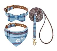 Expawlorer - Set di collare e guinzaglio per cuccioli, set di collare e guinzaglio per cani, papillon e bandana con campana, per cani e gatti, per passeggiate all'aperto, blu M