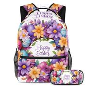Experience The Perfect School Companion, set di 2 zaini per bambini per ragazzi ragazze adolescenti con zaino e astuccio, ghirlanda di Pasqua viola, Multicolore, B:29.4x20x40cm P:19x7.5x3.8cm, Zaini