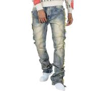 Expeum Jeans Pantaloni Denim Trendy Street Edge Nappa Piercing Blu Elastico Slim Fit Ricamato Flare Micro Corno Casual Pendolare Gamba Dritta per Uomo, Blu, L /XL