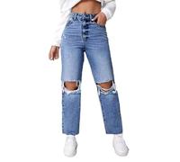 Expeum Jeans Pantaloni Pantaloni Denim Strappato Gamba Dritta Vita Media Casual Jeans Ritagliati Pantaloni per le Donne, Blu, S-M