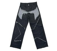 Expeum Pantaloni jeans pantaloni denim irregolare splicing street trendy retrò personalità sciolto peloso frangia abbigliamento da lavoro casual gamba dritta larga pendolari per uomo, Nero , 34-36