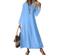 EXQIOUR Abito lungo da donna in cotone e lino, abito casual a maniche lunghe con bretelle colorate, abbigliamento per le vacanze questo rilassato, blu cielo, XXL