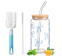 Exquilnova Bicchiere con cannuccia e coperchio, bicchiere da tè con cannuccia in vetro, 16 oz iced caffè, vetro Matcha con design Bow, bicchieri da cola per caffè freddo, cocktail (fiocco blu)