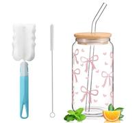 Exquilnova Bicchiere con cannuccia e coperchio, bicchiere per bubble tea con cannuccia in vetro, 16 oz caffè freddo, bicchiere Matcha con design a fiocco, bicchieri Cola (farfalla cuore stampa)