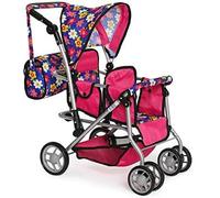 Exquisite Buggy My First Twin - Passeggino a doppio ombrello - Accessori per bambola - Passeggino pieghevole rosa con borsa per pannolini - adatto fino a 45,7 cm Twin Baby Dolls