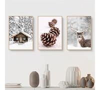 EXQULEG Set di 3 poster, arte da parete con alce, casa in legno, paesaggio della neve, senza cornice, moderna, decorazione da parete per soggiorno, camera da letto (30 x 40 cm)
