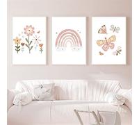 EXQULEG Set di 3 quadri da parete per cameretta dei bambini, poster arcobaleno, sole, nuvola, fiori e farfalle, immagini DIN A4, decorazione boho (BDE)