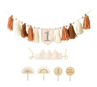 EXQULEG Set di decorazioni per compleanno per bambini, 1° compleanno, ragazzo, 1° compleanno, decorazione per il compleanno dei bambini, con cappello a corona, topper e striscione (beige)